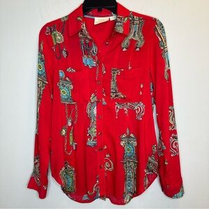 MAEVE Anthropologie Whimsy Antique Clocks Red Chains Top Size 2
